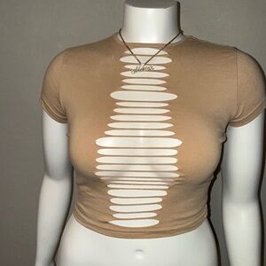 SHEIN Tan Short Sleeve Cut-Out Tee